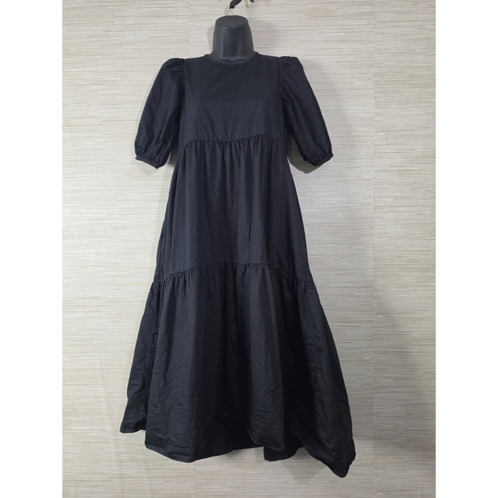 ZARA Tiered Midi Dress Womens XS Black Pockets Puff Sleeve Keyhole Back Hi-Low